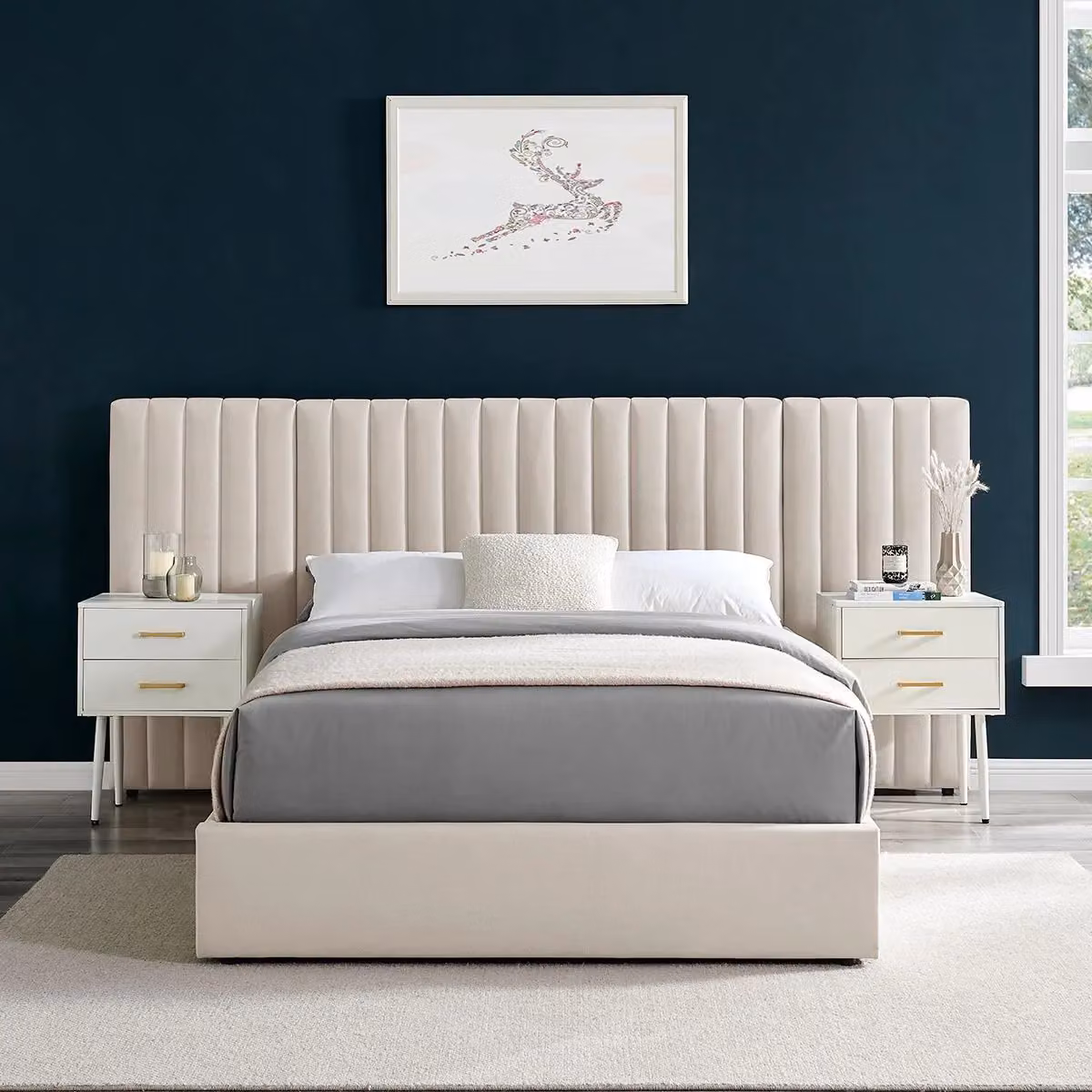 Modish Furnishing Inaya King Size Ottoman Storage Bed with Wide Panel Cream Velvet Fabric Headboard – 2