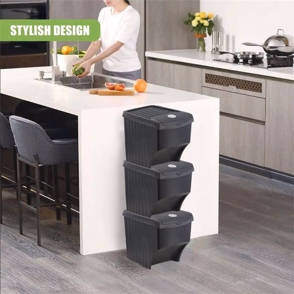 Nordara Set of 3 Large Stackable Plastic Recycling Bins with Flip Lids in Black – 3