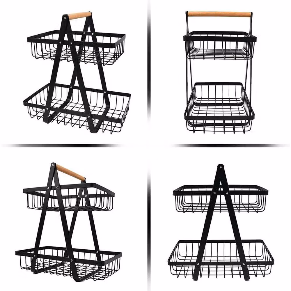 KORVIXA 2-Tier Metal Fruit Basket with Handle Holder in Black – 3