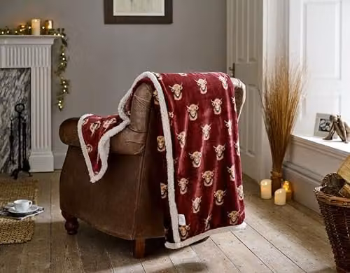 Deyongs Highland Cow Cuddly Sherpa Fleece Throw, Mulberry, W: 140 cm, D: 180 cm – 1