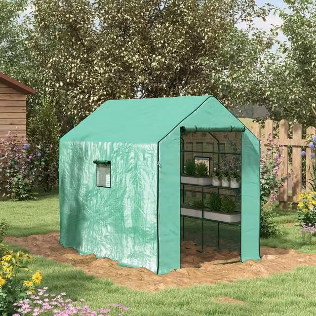Outsunny Green Walk-in Greenhouse with 3 Tier Shelves, W/D/H: 140 x 140 x 213 cm