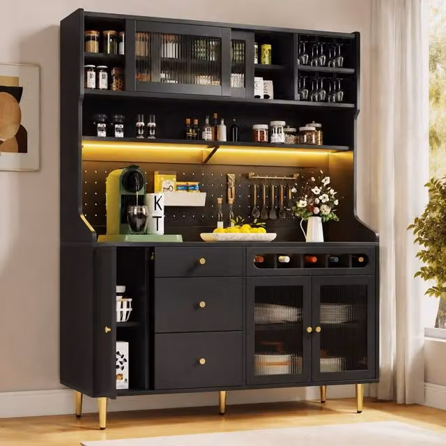 STILVORA Modern Tall Cabinet with Integrated LED Lighting and Black Sliding Glass Doors – 1