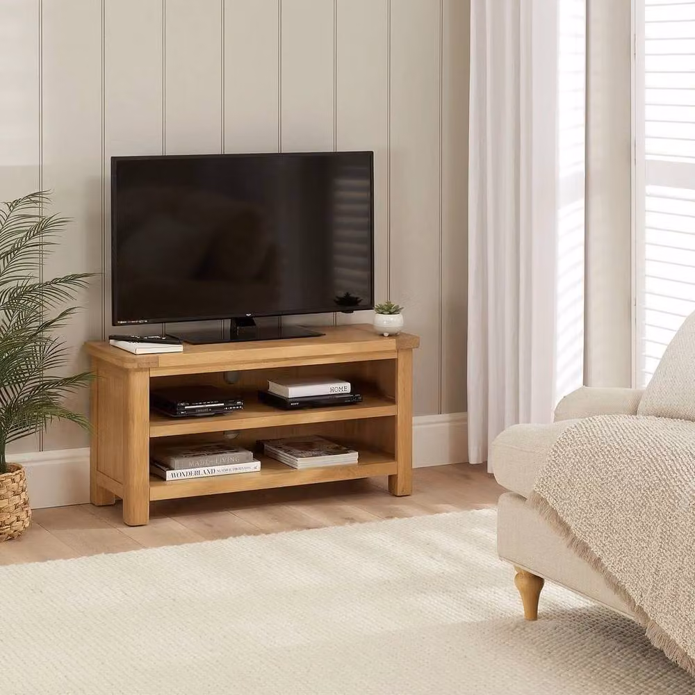 FORGEVIO Modern Small TV Unit Stand in Light Oak Beige Wood Finish – 4