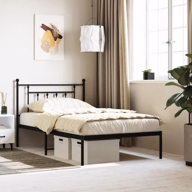 Berkfield Home Metal Bed Frame with Headboard, Black, W: 100 cm, L: 200 cm