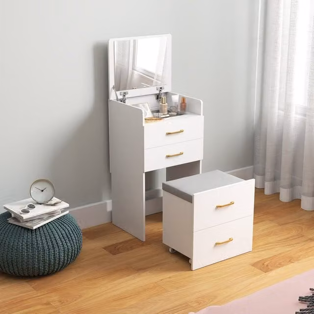 HOMCOM 3 in 1 Modern White Dressing Table Vanity Desk with Tri-fold Mirror and Stool