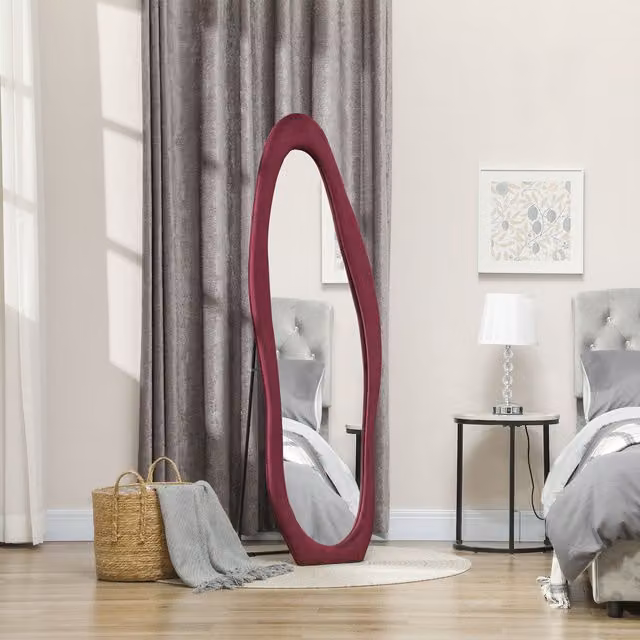 HOMCOM Irregular Wavy Full Length Mirror with Velvet Frame, Red, H 160 x W 50 cm