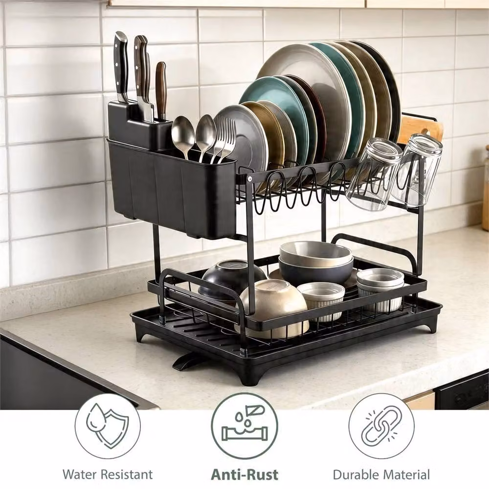 Nordara 2 Tier Black Metal Cutlery Holder and Drip Tray Rack – 3