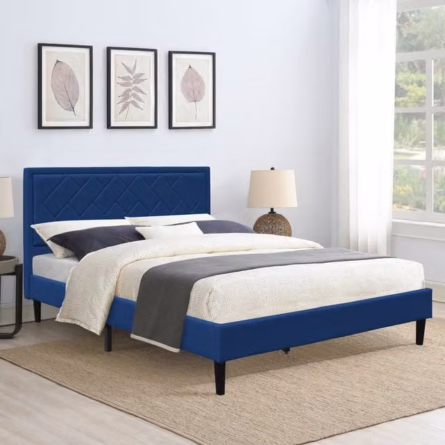 Comfy Living Minimalist Geometric Upholstered Bed Frame with Padded Headboard in Grey and Blue