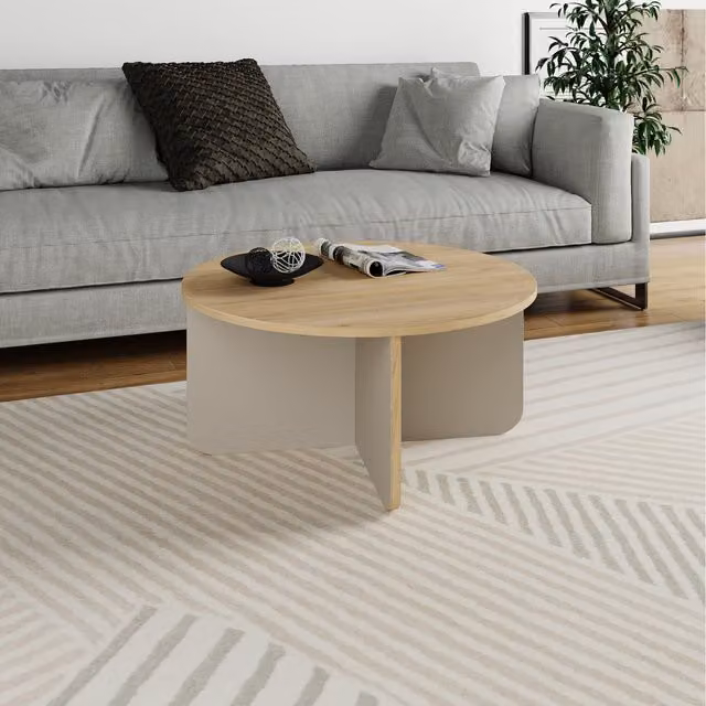 Decortie Modern Round Coffee Table in Sandstone and Green with Composite Wood Finish, Diameter: 80 cm