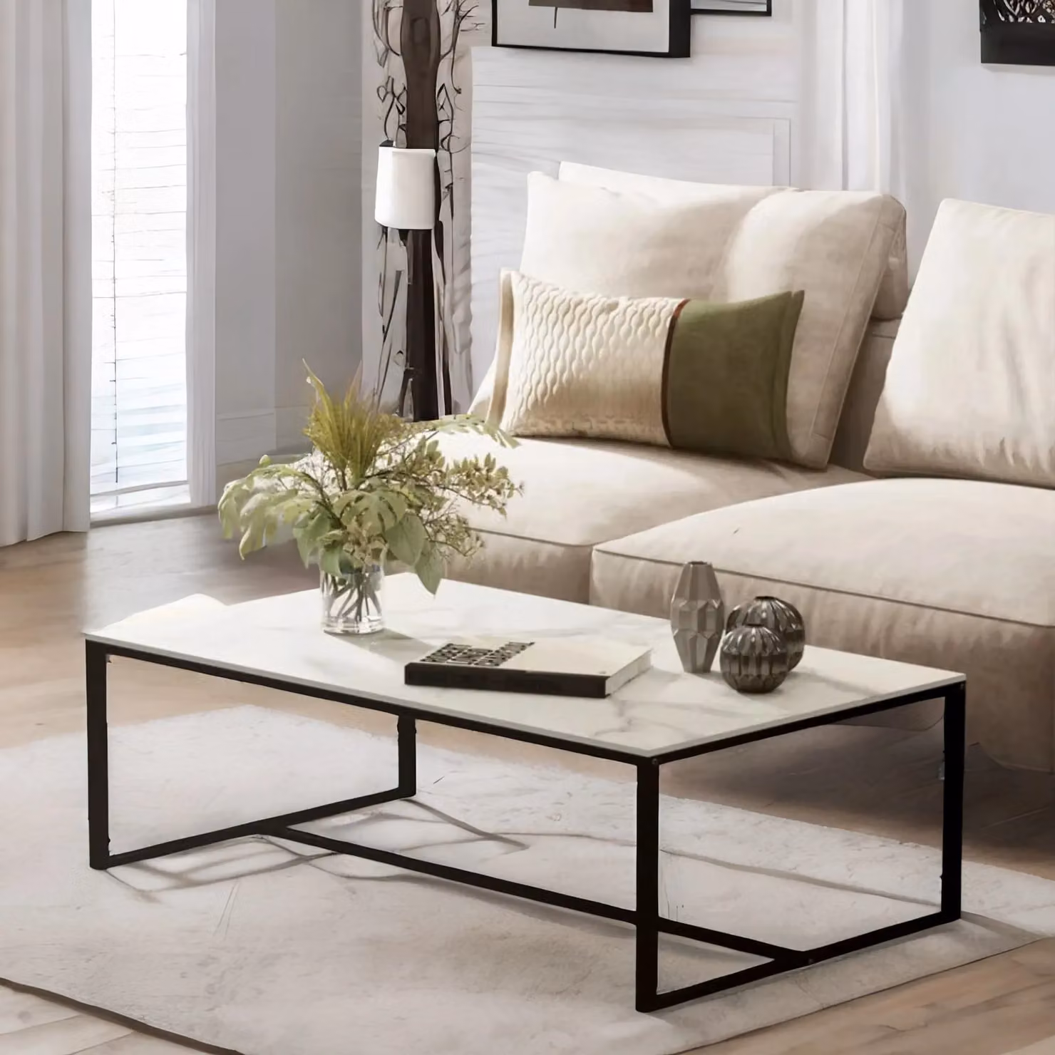 Pirlo Plush Rectangular Ceramic Coffee Table in White and Black, W/D/H: 150 x 100 x 43 cm – 2