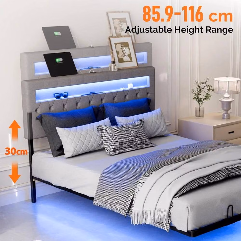Kelvenix Modern Floating Double Bed Frame in Grey Fabric with Under-Bed Lighting W/D/H: 90 x 190 cm – 3