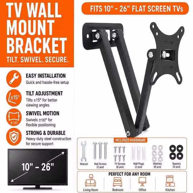 ATEK Black TV Wall Mount Bracket for 10-26 Inch Screens with Swivel and Tilt Function, VESA 75x75mm