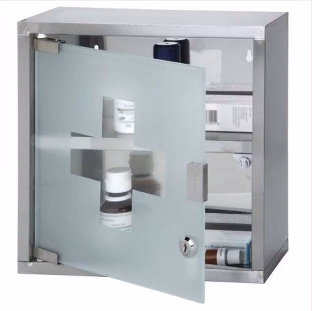 UMKY Silver Wall Mounted Bathroom Medicine Cabinet with Lock and Glass Hinged Doors