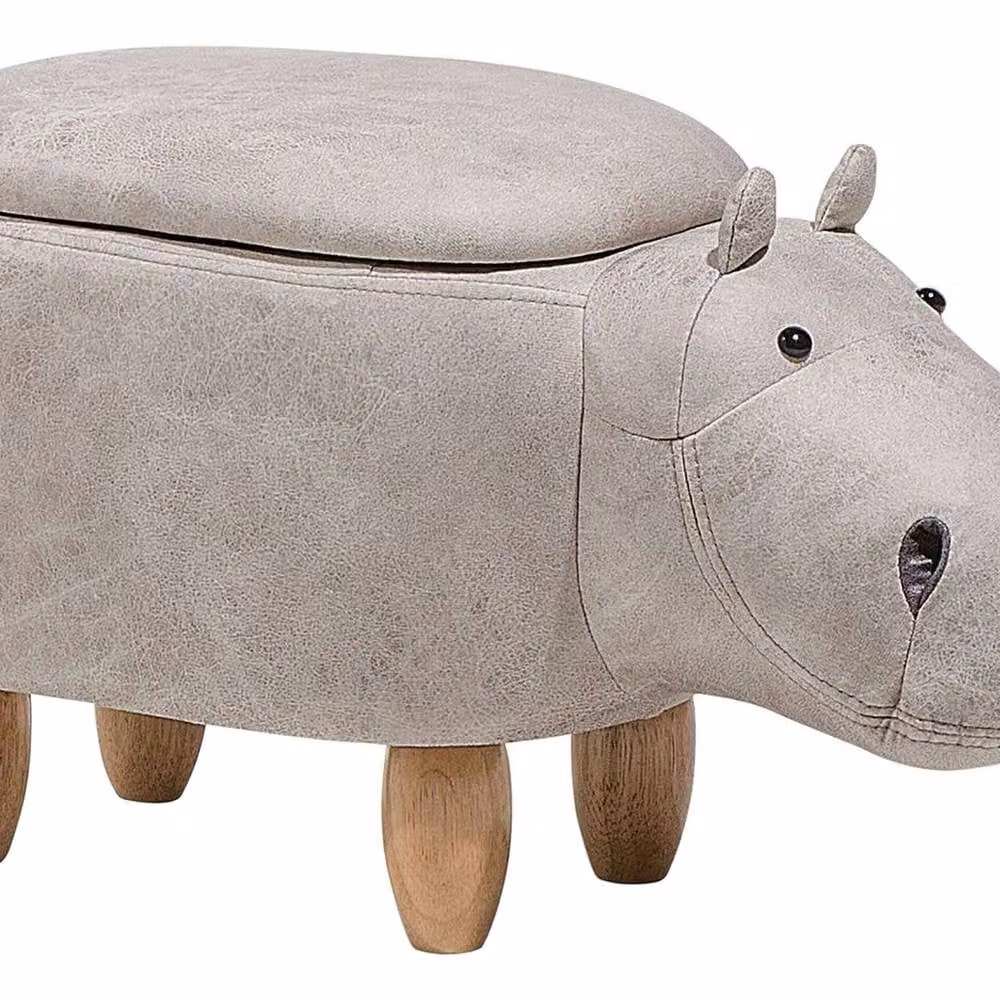 Wyld and Coco Hippo Kids Storage Stool in Light Grey Faux Leather with Rubberwood Legs – 2