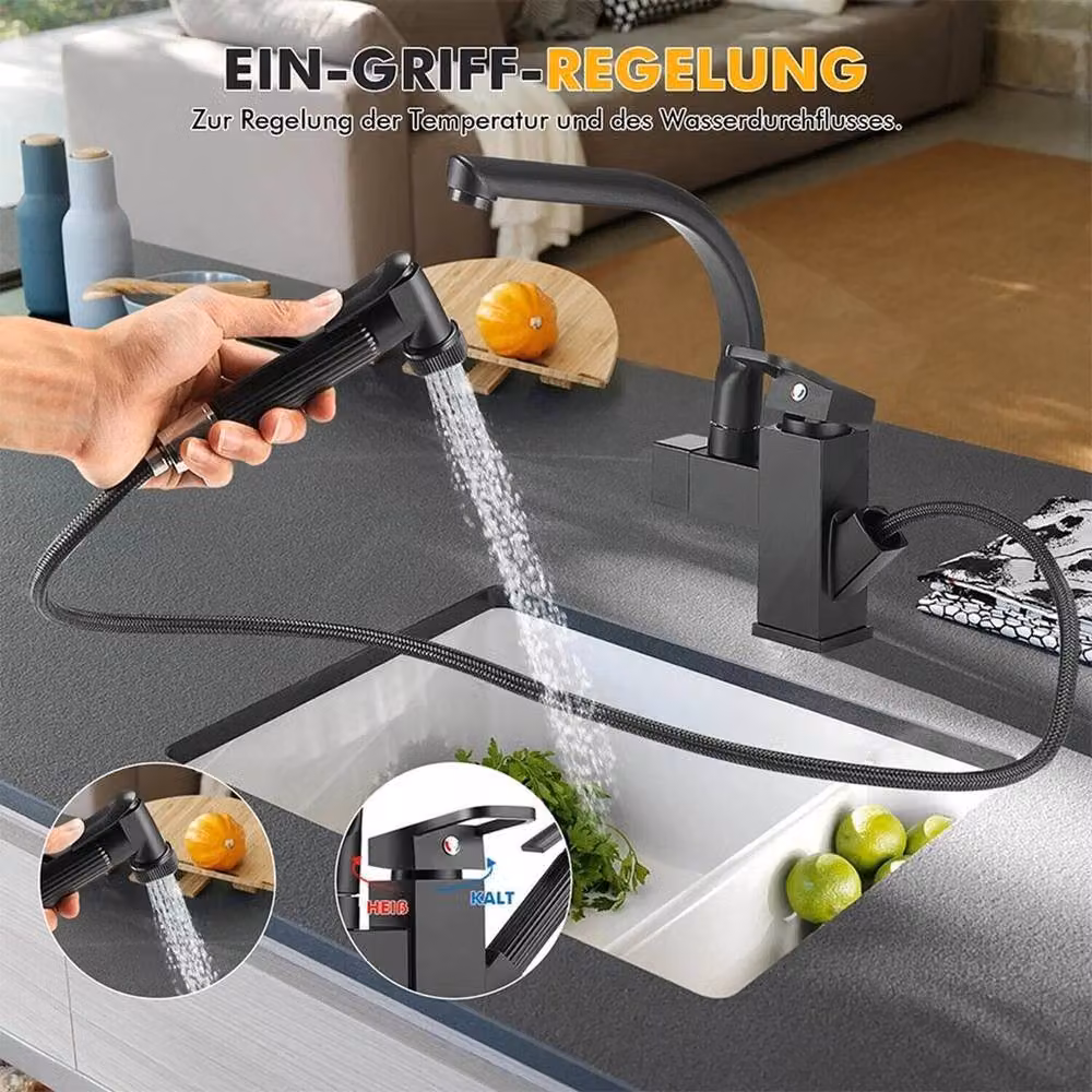 Kelvenix Matt Black Monobloc Kitchen Sink Mixer Tap with Pull Out and Swivel Spout – 2
