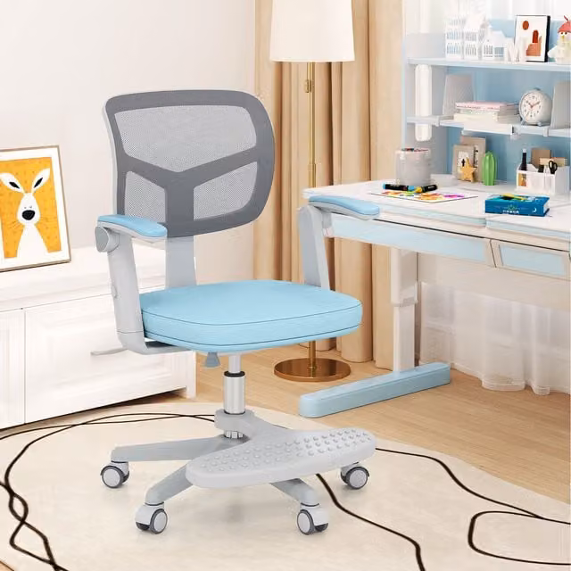 Costway Blue Fabric Kids Task Chair with Armrests and Swivel Castors
