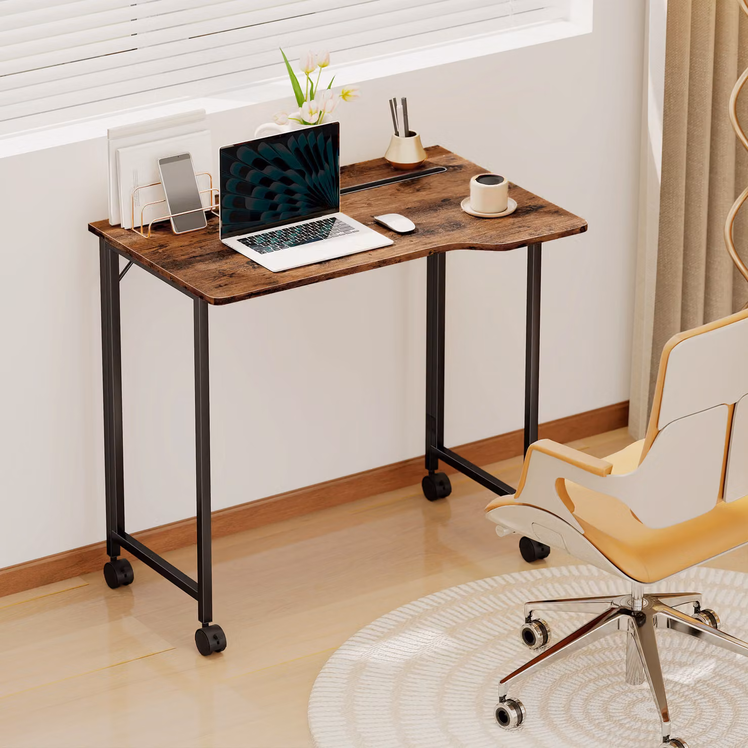HOMCOM Folding Small Writing Desk with Castors in Rustic Brown – 7