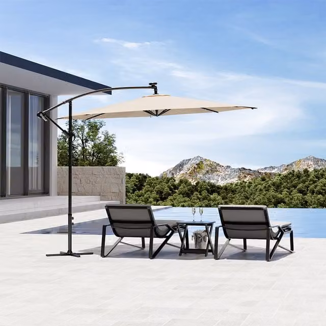 Komore LED Solar Garden Parasol with Metal Cross Base in Beige
