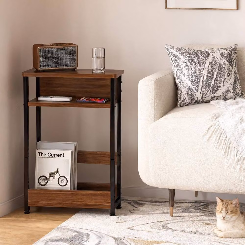 London Boutique 3-Tier Narrow Side Table with Magazine Rack in Walnut and Black – 3