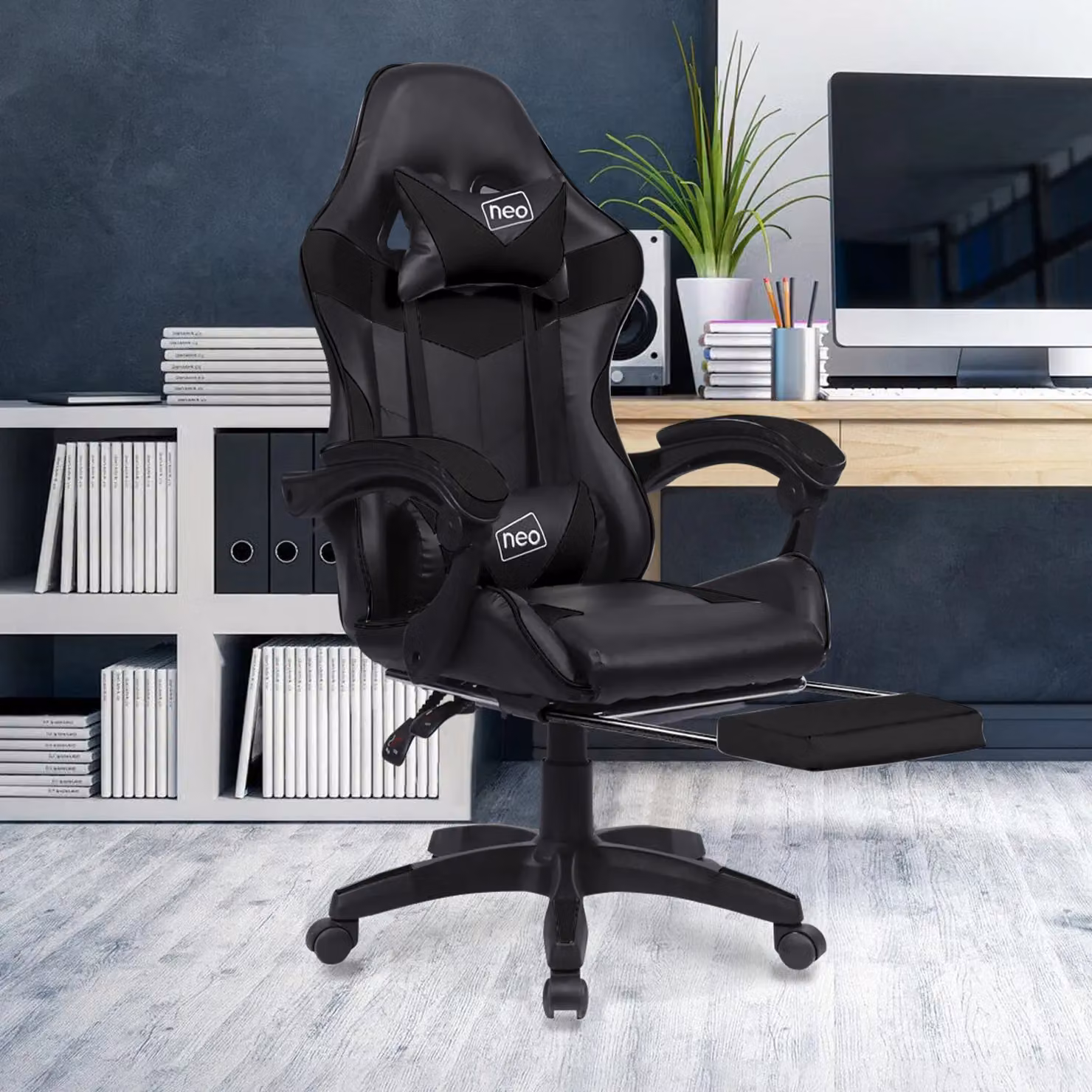 Neo Foot Turbo Massage PC Gaming Chair with Footrest and Headrest in Black and Blue Synthetic Leather – 4