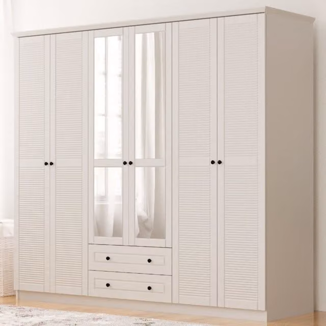 EVUHOME VOLET 6 Door 2 Drawer Mirrored White Wardrobe, H 210 x W 184 x D 52 cm