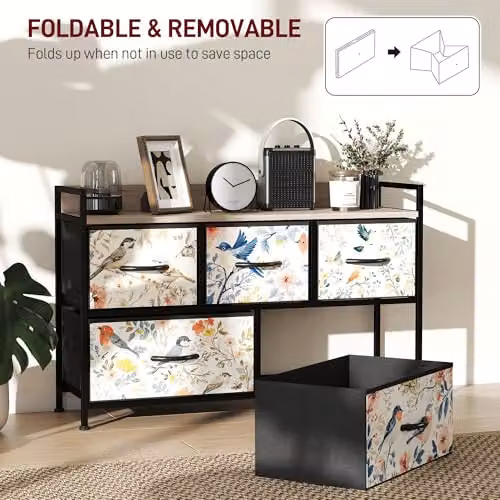 HOMCOM Modern White Fabric Bedroom Chest of Drawers with 5 Drawers – 5