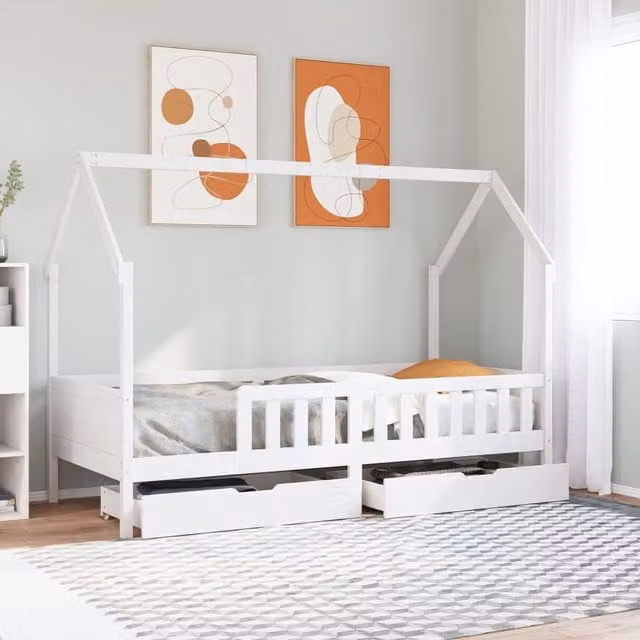 Berkfield Home Kids Bed Frame with Drawers in White Solid Pine Wood, W/D/H: 80 x 200 cm
