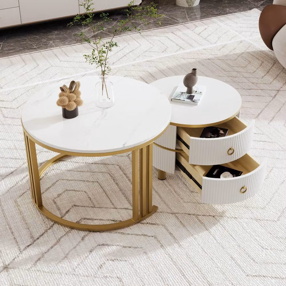 BTM 2-in-1 Round Modern Coffee Table with Marble Top and 2 Drawers, White – 3
