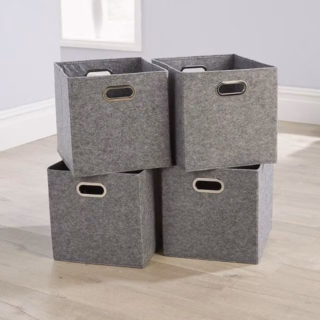 Home Source Pack of 4 Large Grey Fabric Cube Storage Insert Boxes with Handles
