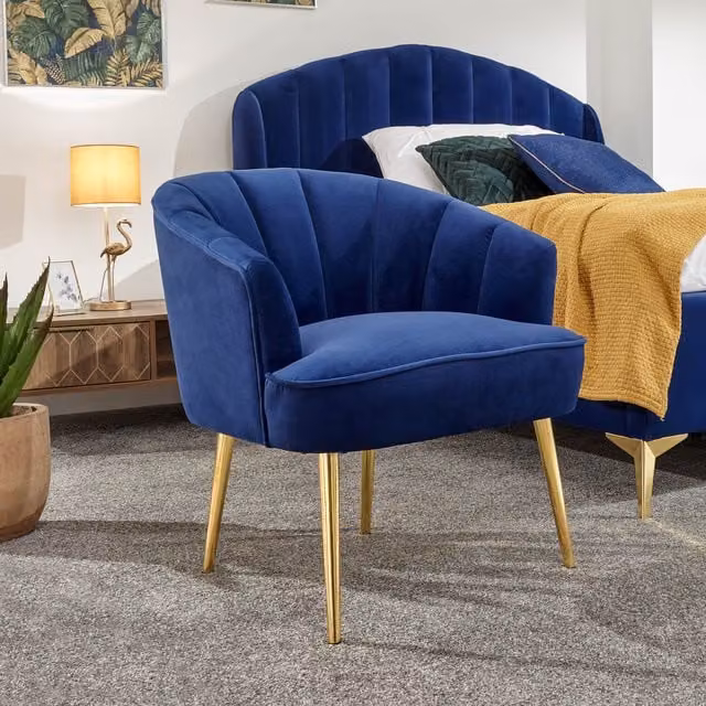 GFW Pettine Art Deco Shell Chair in Royal Blue Velvet with Gold Metal Frame