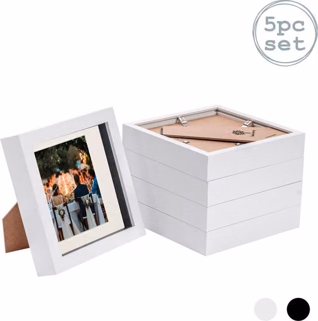 Nicola Spring Pack of 5 Single Square 3D Box Photo Frames in White and Yellow with Glass and Plastic, W/D/H: 15.24 x 15.24 x 15.24 cm