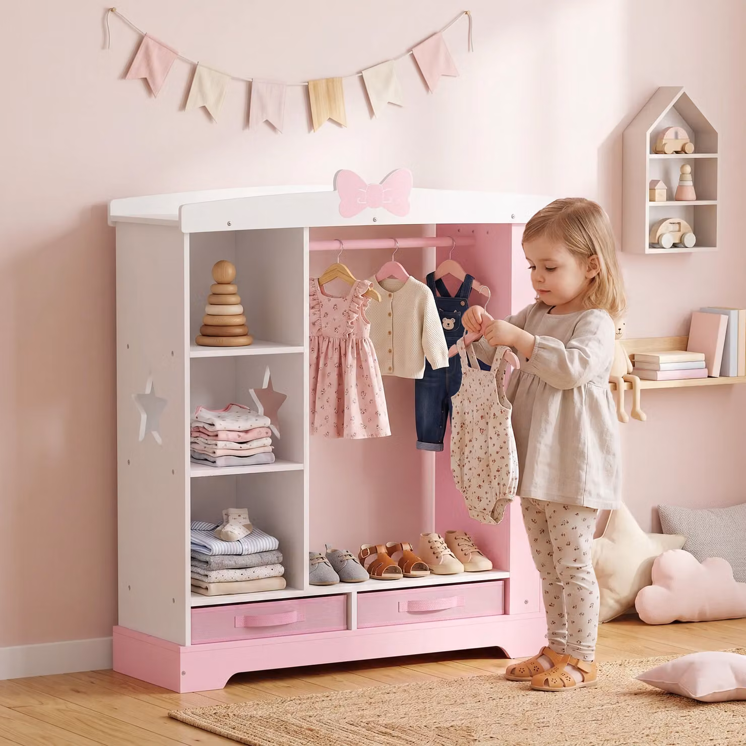 AIYAPLAY Kids Wardrobe with LED Lighted Mirror, Hanging Rail, Internal Shelves and Jewelry Cabinet, Pink – 2