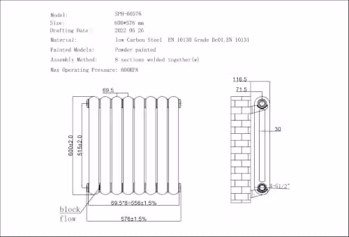 UK Radiators Sherwood White Round Top Column Radiator, W: 576 mm, H: 600 mm – 3