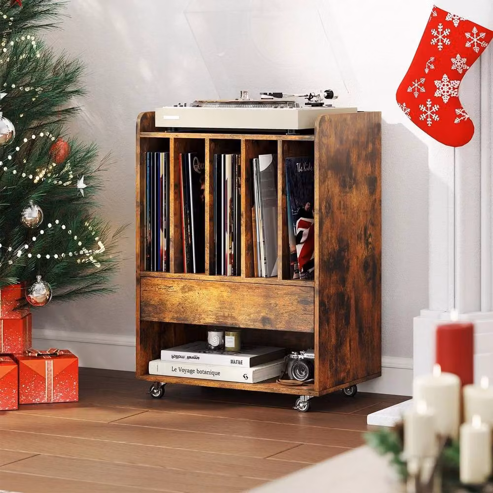 KORVIXA Brown Wood Record Player Stand with Lockable Castors, W/D/H: 100 x 73 x 100 cm – 4