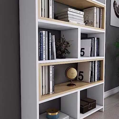 DECOROTIKA Poyraz 5-tier Bookcase Shelving Unit in White and Oak, H 165 x W 22 x D 25 cm – 2