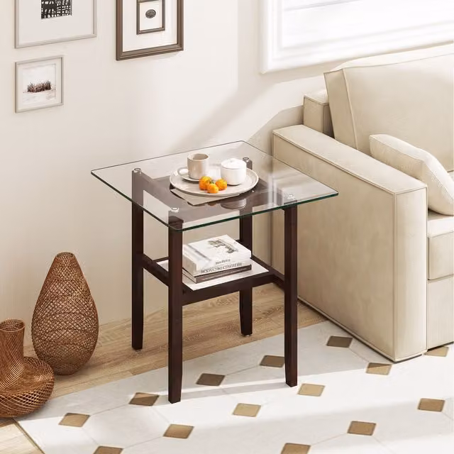 COSTWAY Modern Square Glass Side Table with Rubberwood Legs, Brown, W/D/H: 61 x 61 x 61 cm
