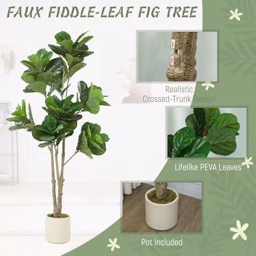 HOMCOM 180cm Artificial Fiddle Leaf Fig Tree in Green and White – 3