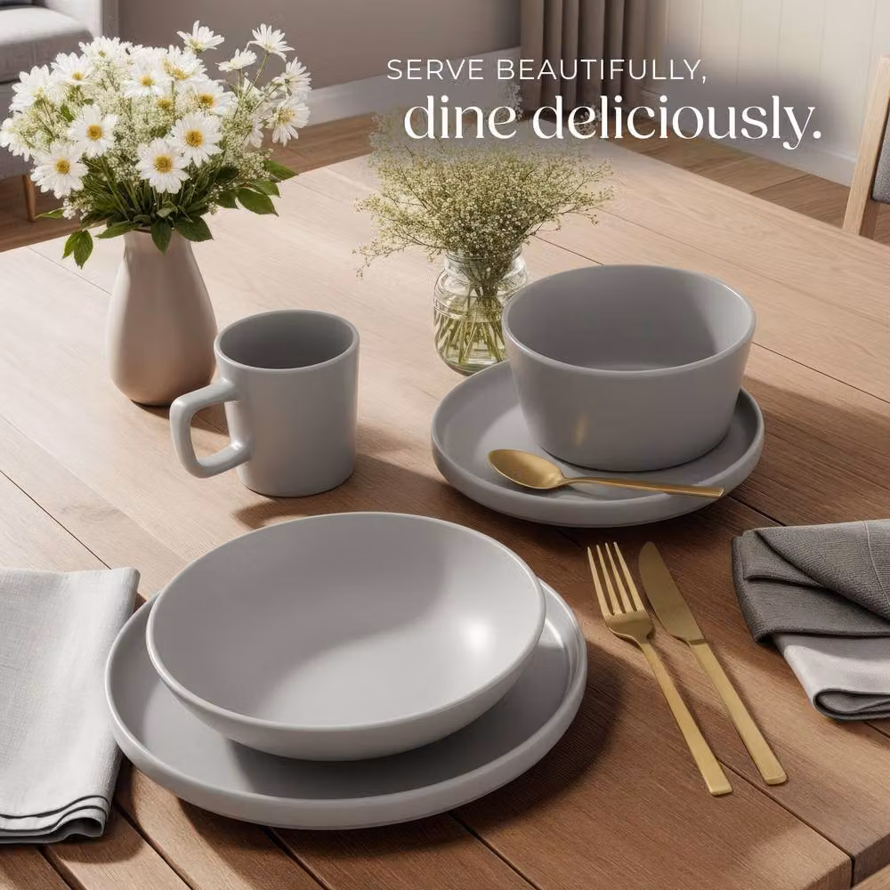 tectake Una 30 Piece Stoneware Dinnerware Set in Grey – 6