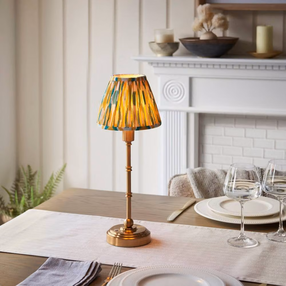 Netlighting Burley Rechargeable Yellow Table Lamp with Jade Fabric Ikat Shade and Brass Base, Height: 16 cm – 2