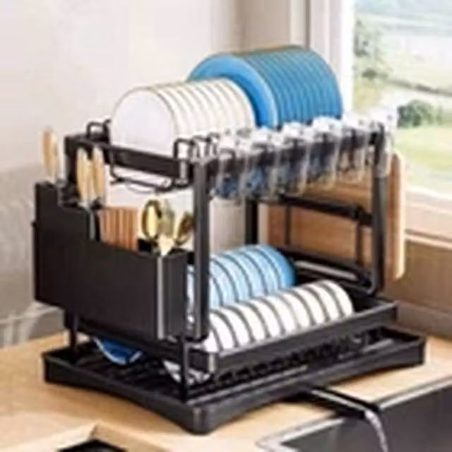EONLION 2 Tier Kitchen Dish Drainer Rack with Drip Tray and Cutlery Holder, Black – 1