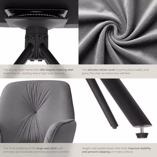 tectake Set of 6 Lenia Swivel Dining Chairs in Anthracite and Black Velvet-Look Fabric – 6