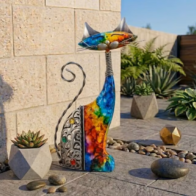 Garden Greatness Abstract Painted Cat Metal Garden Statue, Multicolour, H 32.5 x W 19.0 x D 5.5 cm