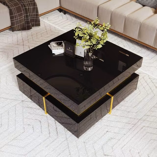 BTM High-Gloss Side Table with Drawer and Gold Accents in Black, W/D/H: 35.5 x 26.2 x 70 cm – 1