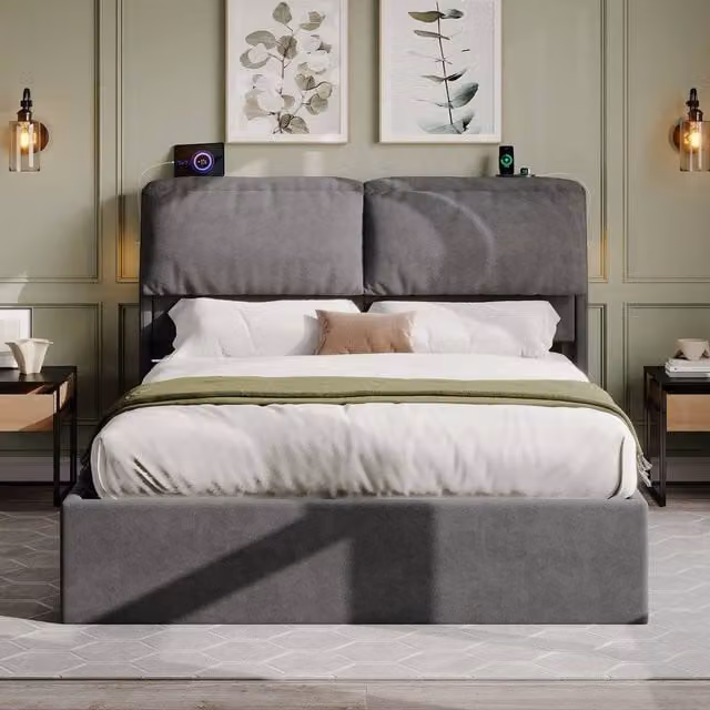 Merax 5ft King Ottoman Bed in Grey with Drawers, LED Lighting and USB Charging Station