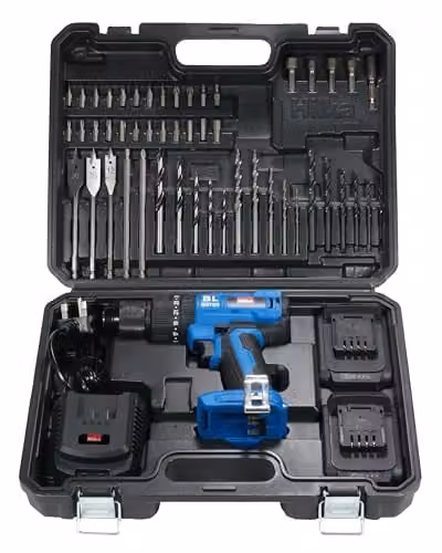 Hilka PTLBD1822 18V Li-ion Brushless Combi Drill in Blue with Two 2.0Ah Rechargeable Batteries and 50 Piece Accessory Set – 1