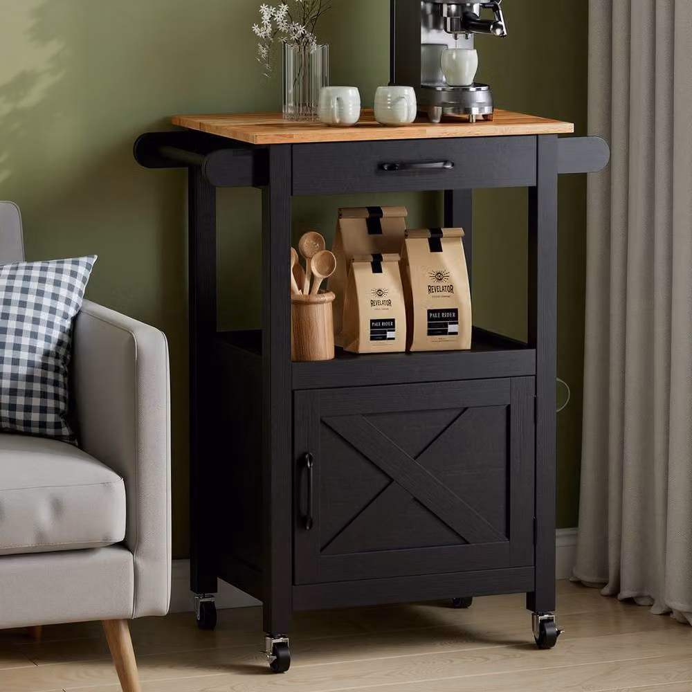 KORVIXA Black Mobile Kitchen Island Cart on Wheels with Drawer, W/D/H: 100 x 100 x 89 cm – 3