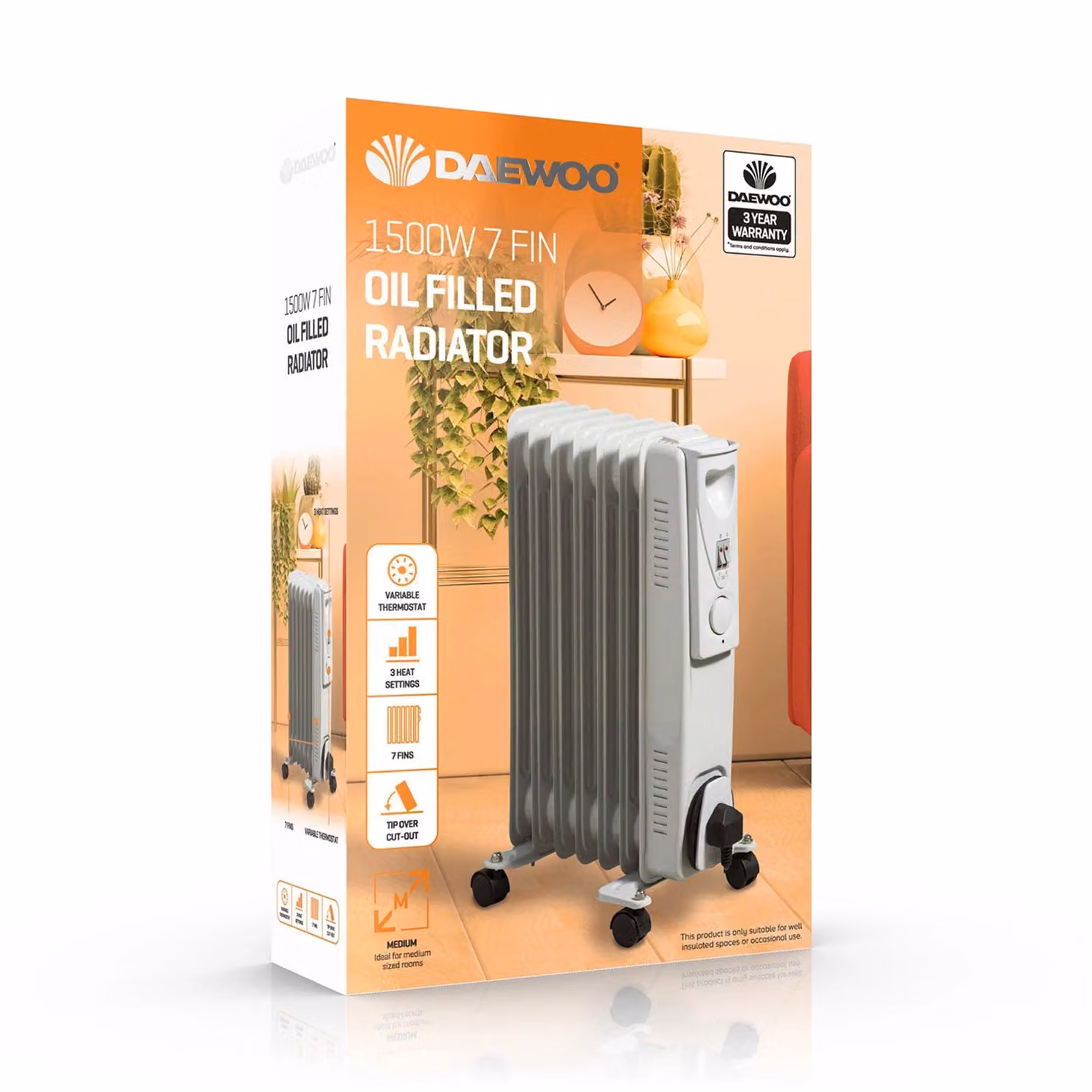 Daewoo 1500W 7 Fin Oil Filled Radiator with Thermostat and Safety Protection, White – 5