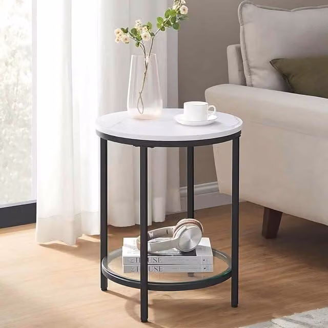 The Bazaarist 2 Tier Modern Side Table with Glass Shelf in White and Black