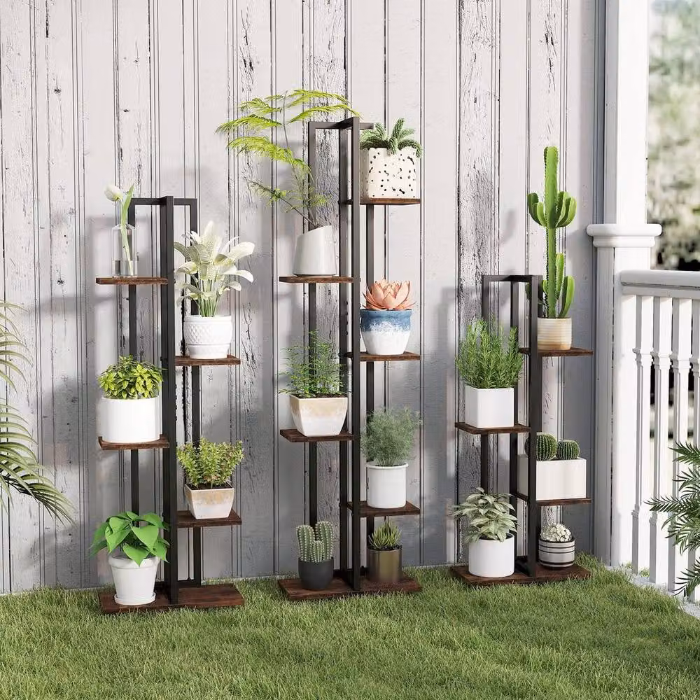 Kelvenix Set of 3 Rustic Tall Plant Stands in Black Wood and Metal – 2