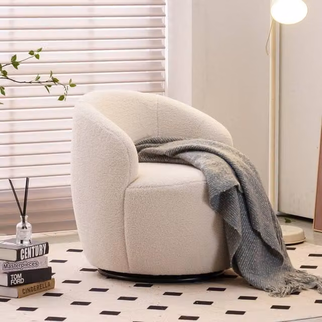 Direct Wicker White Teddy Bouclé Fabric Swivel Barrel Accent Armchair with Solid Wood Frame